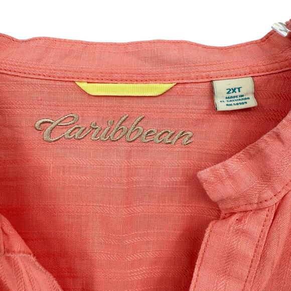 Caribbean Men’s 2X TALL Coral Orange Collarless Long Sleeve Button Up Shirt - Picture 6 of 8